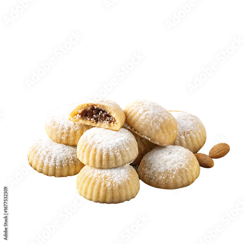 Pile of maamoul cookies with date filling and powdered sugar isolated on transparent background