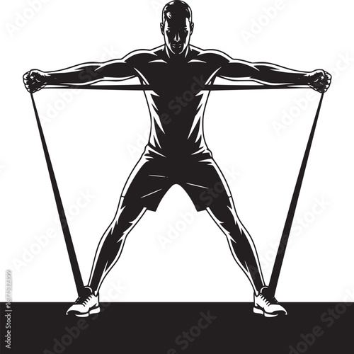 Man in silhouette exercising with resistance band stretching arms out on a white background space