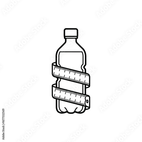 A black and white line icon of a plastic bottle with a measuring tape wrapped around it, symbolizing diet, health, or measurement.