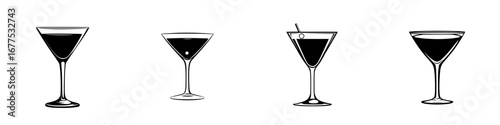Minimalist black-and-white vector illustration of cocktail glasses showcasing different shapes and designs