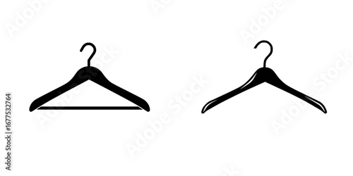 Simple black-and-white vector illustration of minimalist clothing hangers in various positions showcasing versatility