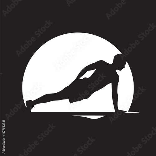 Silhouette of a man doing a push up in front of a white circle on a black background illustration
