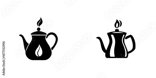 Minimalist black-and-white vector illustration of two kettle silhouettes with flames