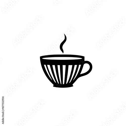 Minimalist black-and-white cup silhouette with steam rising, representing warmth and comfort in a cozy environment