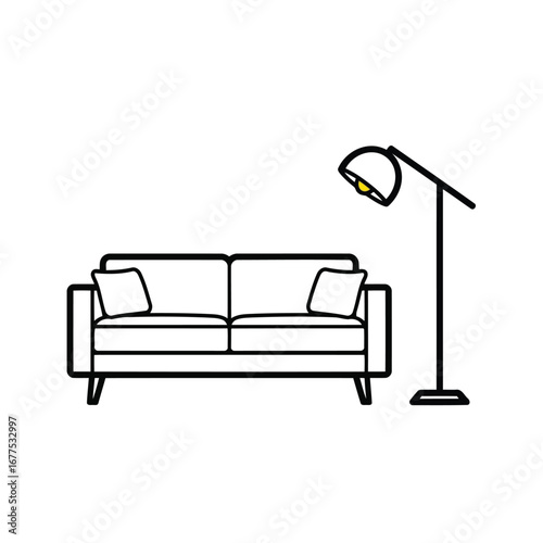 Line drawing of a two-seater sofa and a floor lamp in a living room setting.
