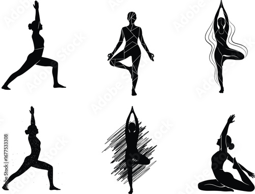 Yoga silhouette vector set, multiple poses, warrior pose, tree pose, seated stretch, fitness design, meditation, balance, flexibility, wellness, exercise illustration