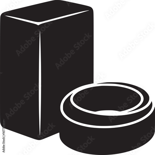 A minimalist black and white illustration of a rectangular prism and a donut shape on a white background