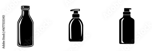 Silhouettes of three minimalist bottle designs showcasing black-and-white vector illustration style