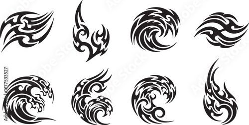 Dynamic collection of abstract tribal-inspired graphic elements, ideal for modern art projects, decorative applications, or as unique visual motifs reminiscent of tattoo designs