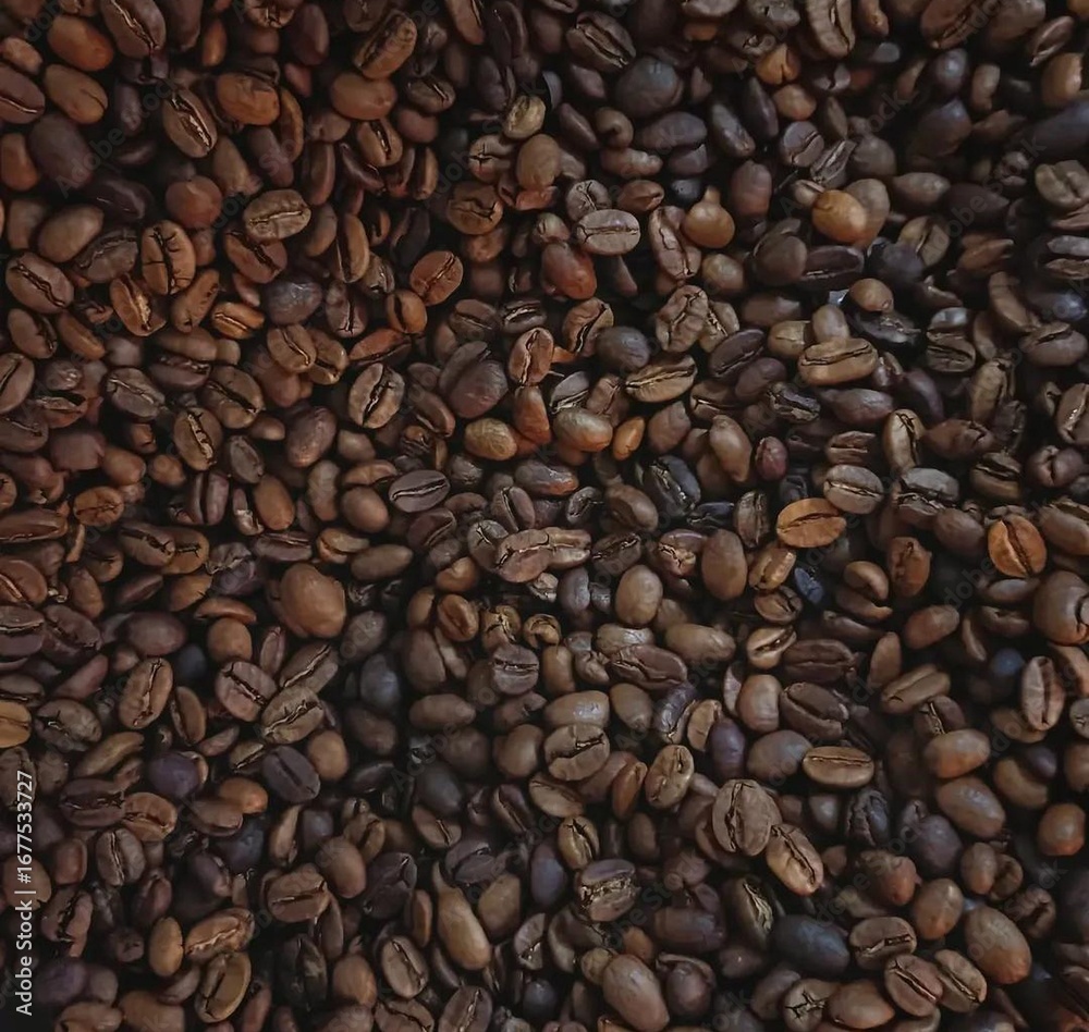 Fototapeta premium An inviting full-frame view of premium roasted coffee beans, revealing their intricate textures and the rich, dark tones that prelude a perfect aromatic beverage