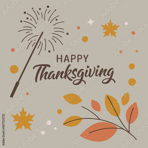 Happy thanksgiving greeting with autumn leaves and sparkler