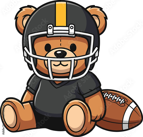 Adorable brown teddy bear dressed in football gear with a football cartoon illustration