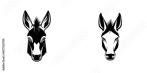 Minimalist black-and-white vector illustration of two donkey heads showcasing simple silhouette design