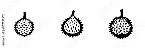 Unique black-and-white vector illustration of durians showcasing minimalist design and simple silhouettes