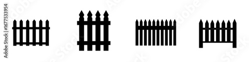 Minimalist black-and-white vector illustration of various simple fence silhouettes in a decorative style