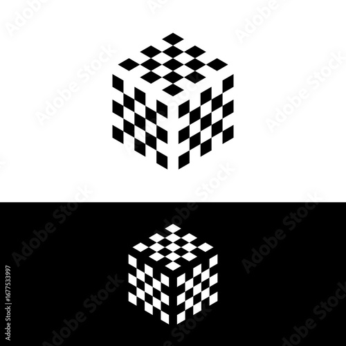 A geometric illustration showcasing a cube with a checkered pattern design.
