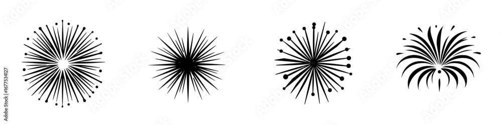 Obraz premium Minimalist black-and-white vector silhouettes of abstract starburst designs for decoration and branding purposes