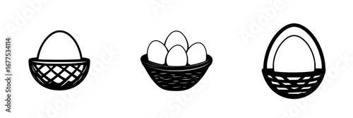 Black and white minimalistic vector illustration of three types of egg baskets with eggs in various arrangements