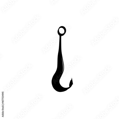 Minimalist black-and-white silhouette of a fishing hook design for various creative applications