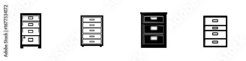 Minimalist black-and-white vector icons of storage drawers designed for organizational use in various settings