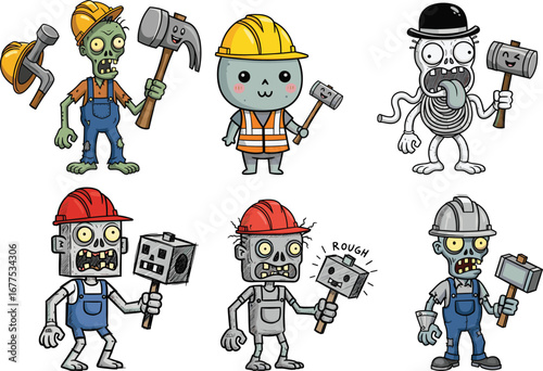 Cartoon zombie construction workers with tools, funny monster builders in hard hats, vector characters for Halloween, horror, and labor themes