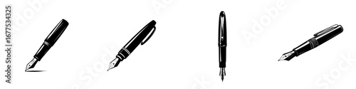 Minimalist black-and-white vector illustration of elegant fountain pens showcasing different angles and perspectives for design purposes