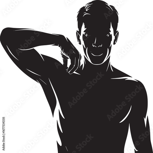 A stylized silhouette of a man with his hand resting on his shoulder against a white background