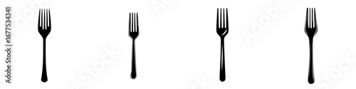 Four black-and-white minimalist fork silhouettes representing dining and culinary themes