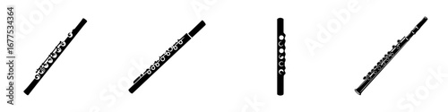 Vector illustration of minimalist black-and-white flute silhouettes in various orientations for musical themes