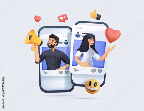 Post engagement 3D render vector illustration. Social media posting, create engaging post, generate engagement, follower