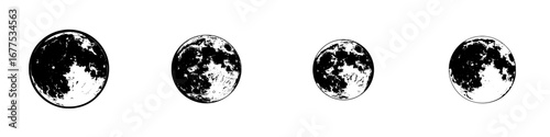 Different phases of the moon illustrated in minimalist black-and-white silhouettes representing lunar cycles and changes