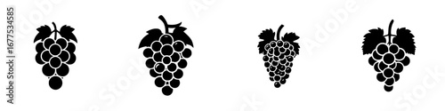 Grapes in minimalist black-and-white vector illustration showcasing various clusters and shapes