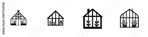 Elegant black-and-white vector illustration of minimalist greenhouse silhouettes with various designs