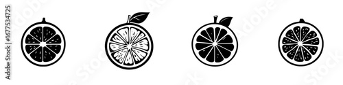 Black-and-white minimalist illustration of sliced lemons in various orientations displayed in a simple vector style
