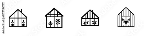 Minimalist black-and-white vector icons of different greenhouse designs showcasing plant growth and gardening activities