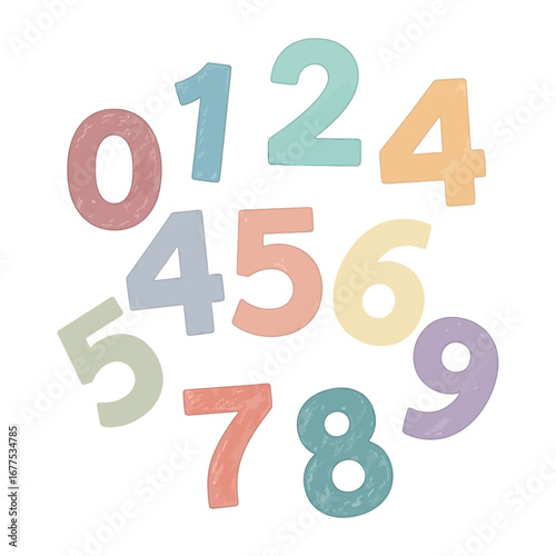 Pastel colored numbers zero through nine scattered on a white background in a random arrangement
