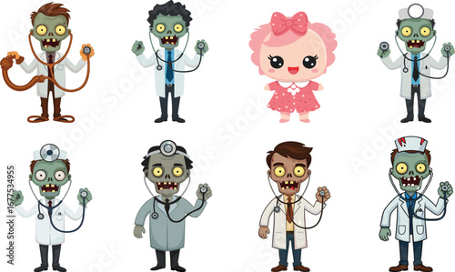 Zombie doctors and cute girl character in cartoon style, medical horror humor, undead hospital staff, Halloween vector illustration design