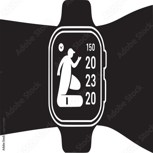 Illustration of a smartwatch displaying fitness data against a black and white background design