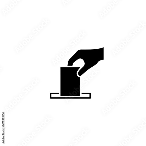 A black silhouette of a hand placing a ballot into a ballot box on a white isolated background view