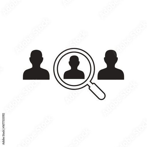 Silhouette of three people with a magnifying glass focusing on the middle person in black and white