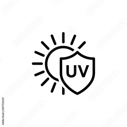 Black and white illustration of a sun with rays and a shield with UV letters.