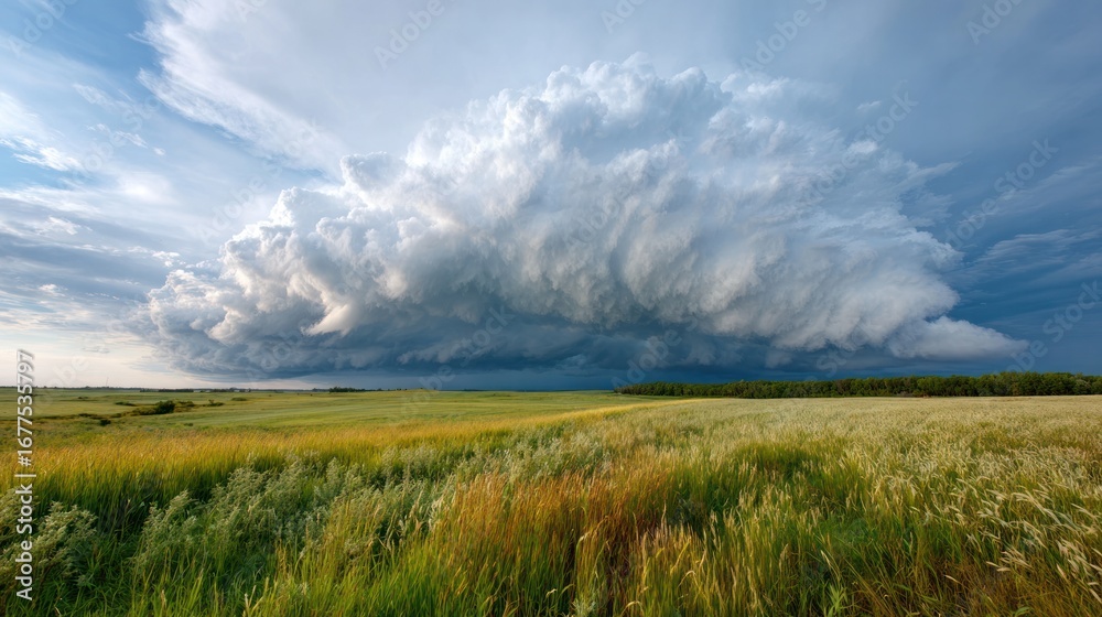 Obraz premium Dramatic Cloudscape Over Landscape: A panoramic view of a vast, open field under a dynamic sky, where a monumental cloud formation dominates the scene, creating a powerful and awe-inspiring vista.