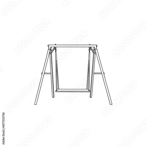 A simple line drawing of a metal A-frame swing set structure without a seat.