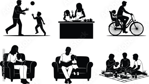 PrintFamily bonding activities silhouette illustration, parents playing, cooking, reading, biking, picnicking with kids, spending quality time together outdoors.
