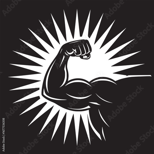 A stylized illustration of a muscular arm with a clenched fist surrounded by radiating light rays