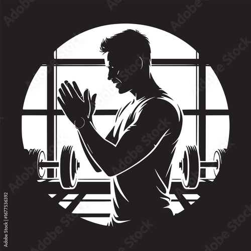Silhouette of a man clapping hands in a gym setting with weights and a window in the background