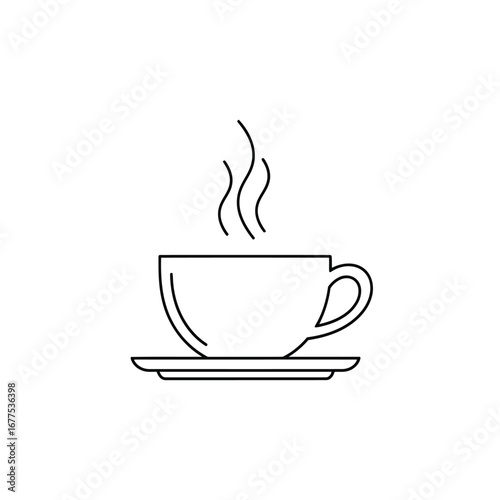 Line art drawing of a hot cup of tea on a saucer.