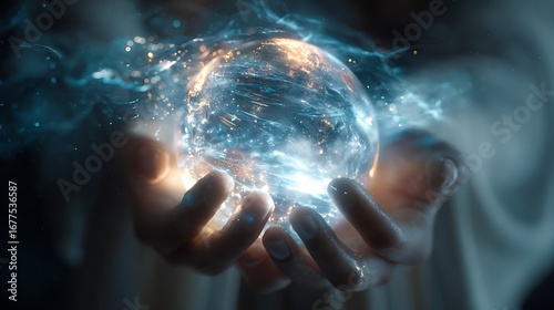 Holds glowing orb in hands. Represents power, energy, magic, future tech. Use for concepts, web design, marketing, spiritual themes.