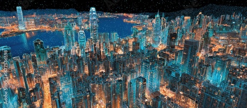Aerial view of a vibrant, densely packed city at night, illuminated with teal and orange lights, showcasing a dynamic cityscape against a dark, starry sky
