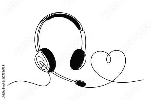 Continuous Line Drawing of a Headset with a Heart | Vector Illustration for a Call Center and Support.